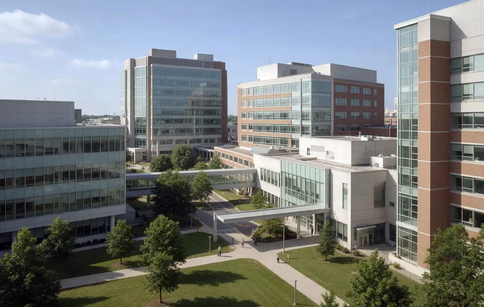 A healthcare campus of connected buildings, walkways and landscaped grounds.