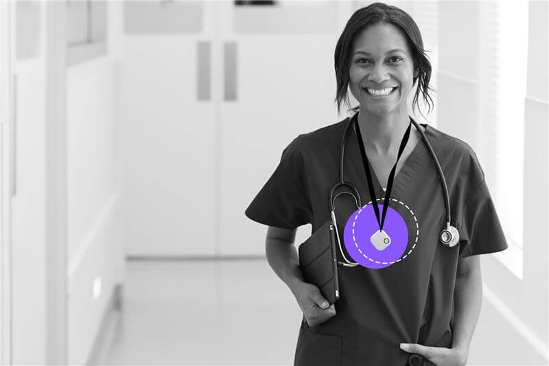 Nurse with a stethoscope, a purple glow highlighting a ROAR panic button on her hip