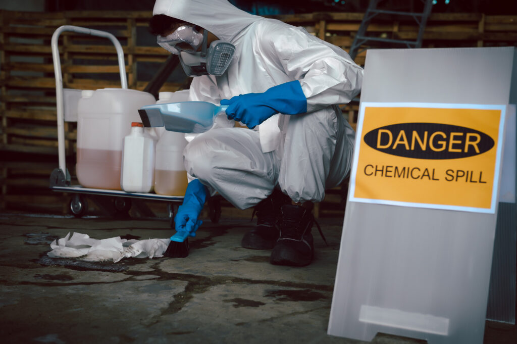 "Danger Chemical Spill" sign in foreground, person in hazmat suit with a dustpan, brush, and paper towels cleaning up a chemical spill on a warehouse floor. Chemicals on a cart and pallets in the background.