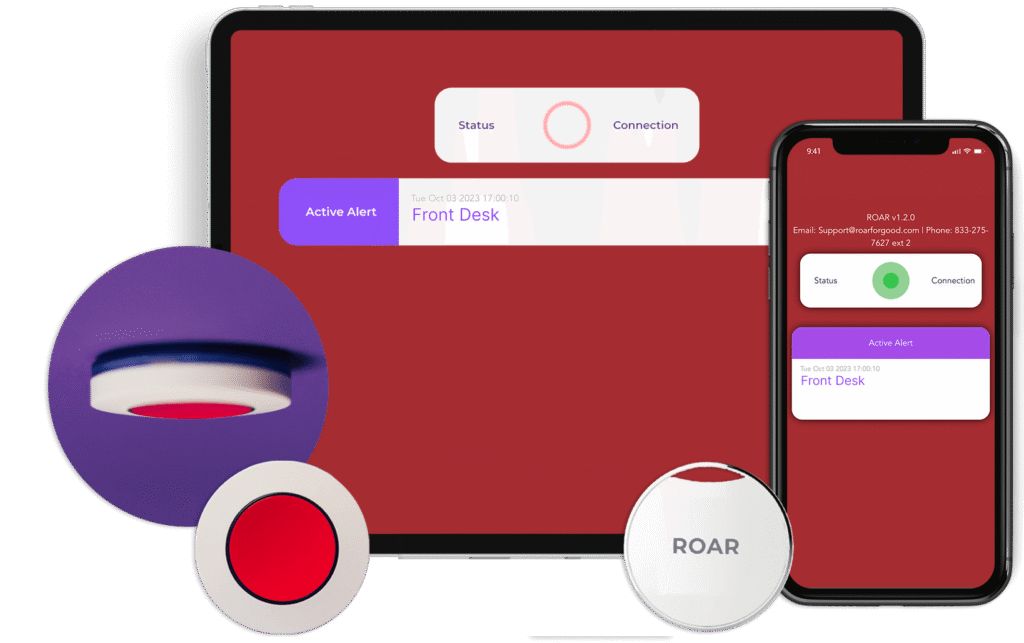 ROAR panic buttons with the alert dashboard shown on a tablet and phone, displaying a Front Desk active alert