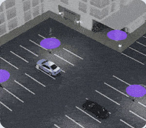 Aerial illustration of a parking lot with purple markers pinpointing locations.