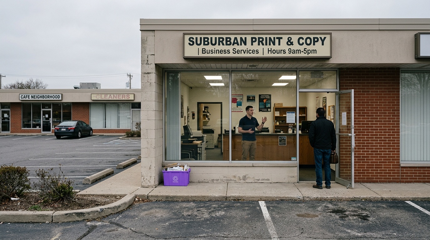 Small storefront business in daylight, one employee alone with a customer at the door